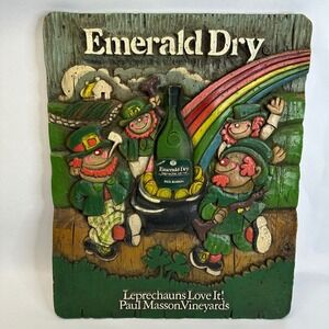 Vintage Paul Masson Emerald Dry Wine Leprechaun 3D Relief Sign Al Pisano Art